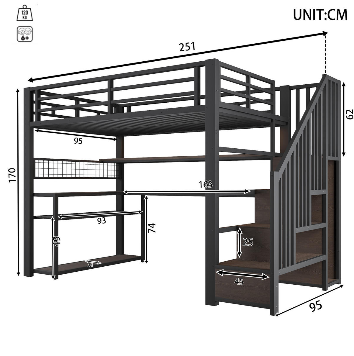 GAMING-HOCHBETT 90x200 cm in Schwarz mit LED, Schreibtisch und Kleiderschrank - Schwarz, Holzwerkstoff (90/200cm) - IVMEU