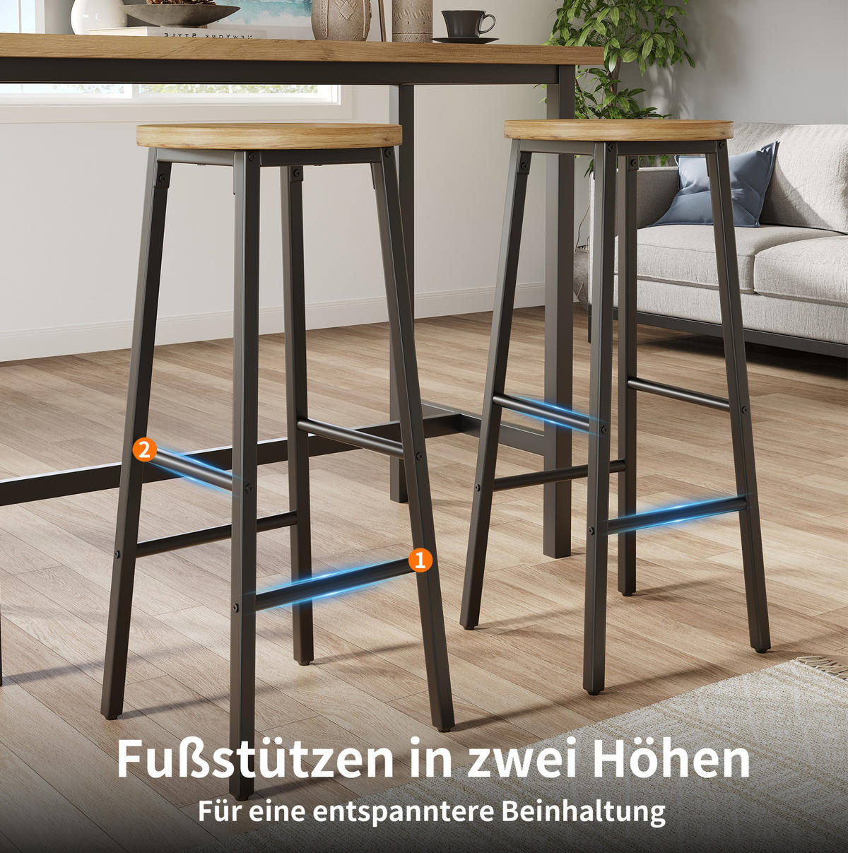 BARHOCKER 2er-Set mit Holzoptik-Sitz, 70 cm, Fußstützen - Schwarz, Metall (30/70/30cm) - MIVRAY
