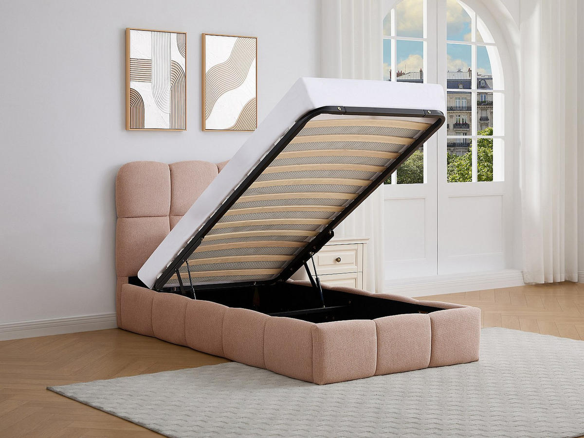 BETT mit Bettkasten - 1 Person - Stoff - Rosa - Pink, Textil (90/190cm) - Vente-Unique