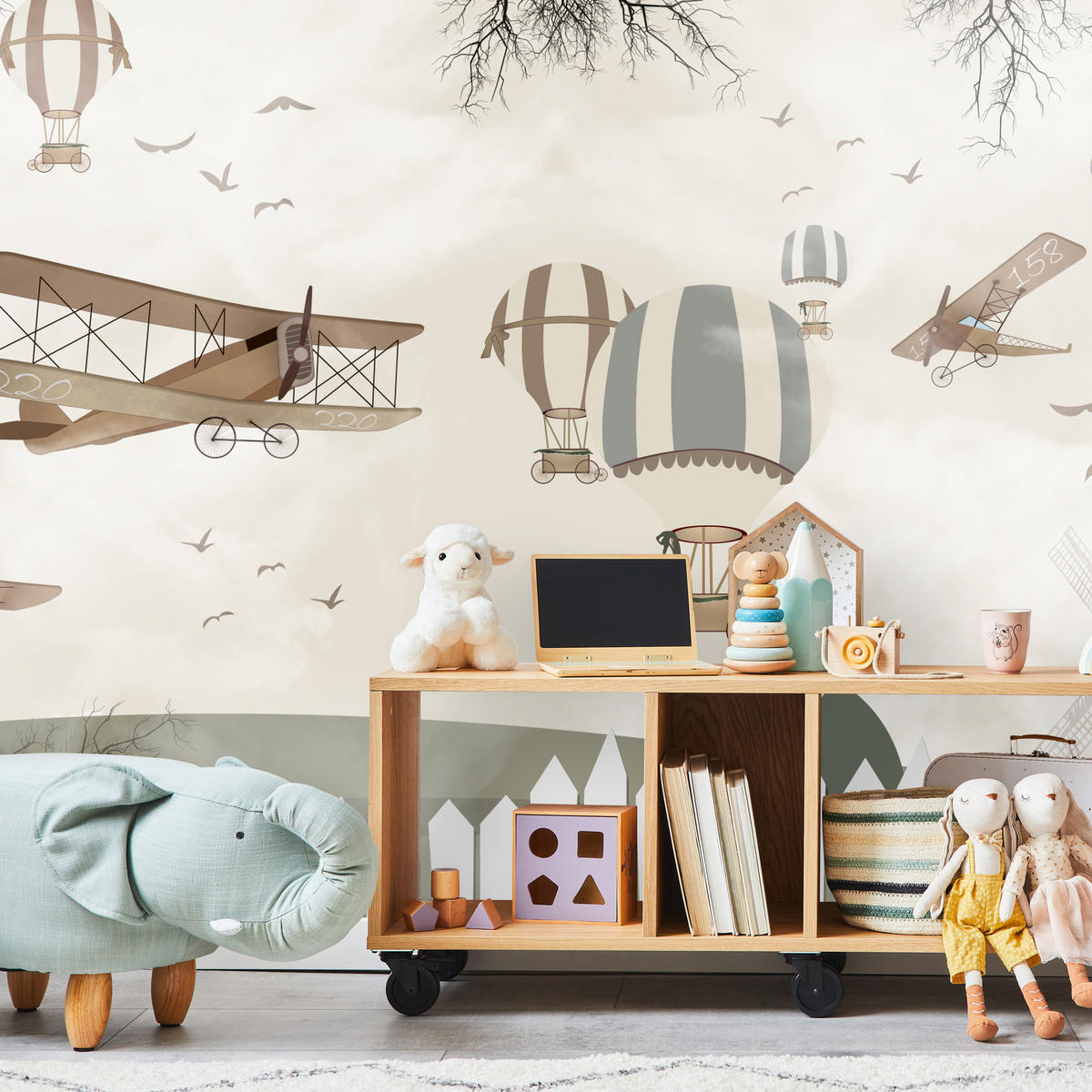 FOTOTAPETE für Kinderzimmer Retro Flugzeuge Ballons Vintage Beige 200x140 - Beige/Braun, Papier (200/140cm) - Muralo