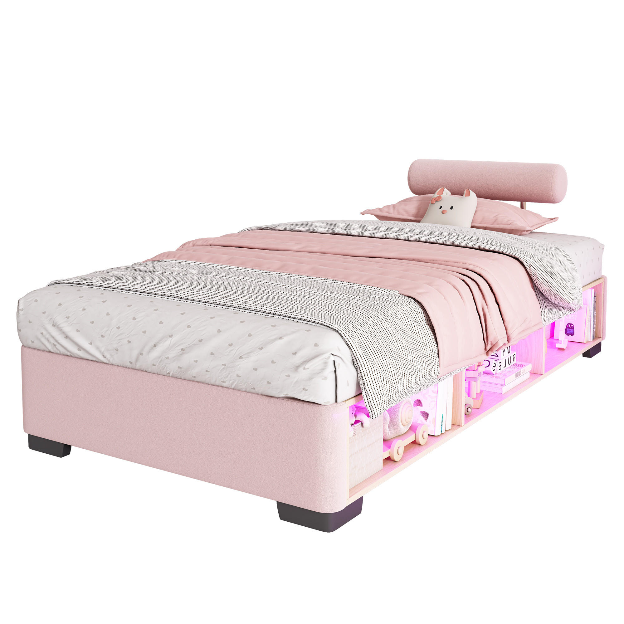 POLSTERBETT 90/200 cm in Pink mit offenem Stauraum, LED und flexibel montierbaren Kopfstützen aus Samt - Schwarz/Rosa, Holzwerkstoff/Textil - STILVORA