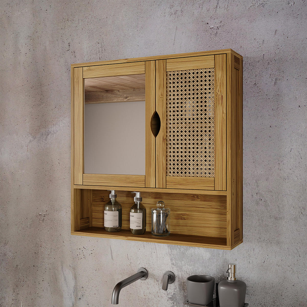 BADSPIEGELSCHRANK Liora Bambus 56 x 58 cm mit Spiegel - Grün, Holzwerkstoff (56/58/13cm) - Vicco