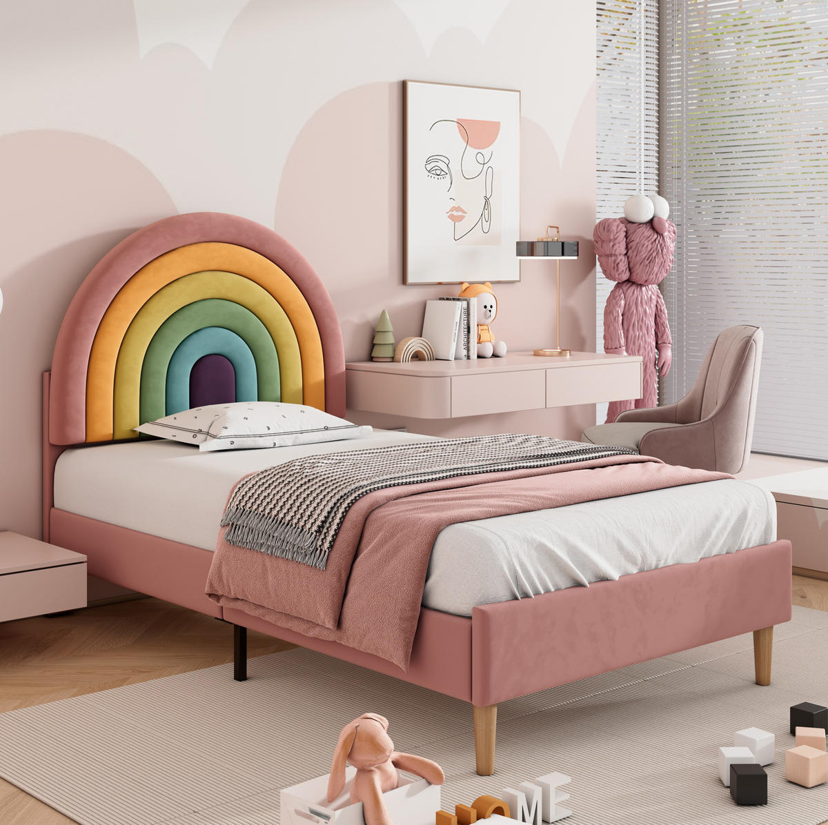 POLSTERBETT aus Samt 90x200 cm Rosa mit höhenverstellbarem Kopfteil und Lattenrost - Rosa, Textil (90/200cm) - IVMEU
