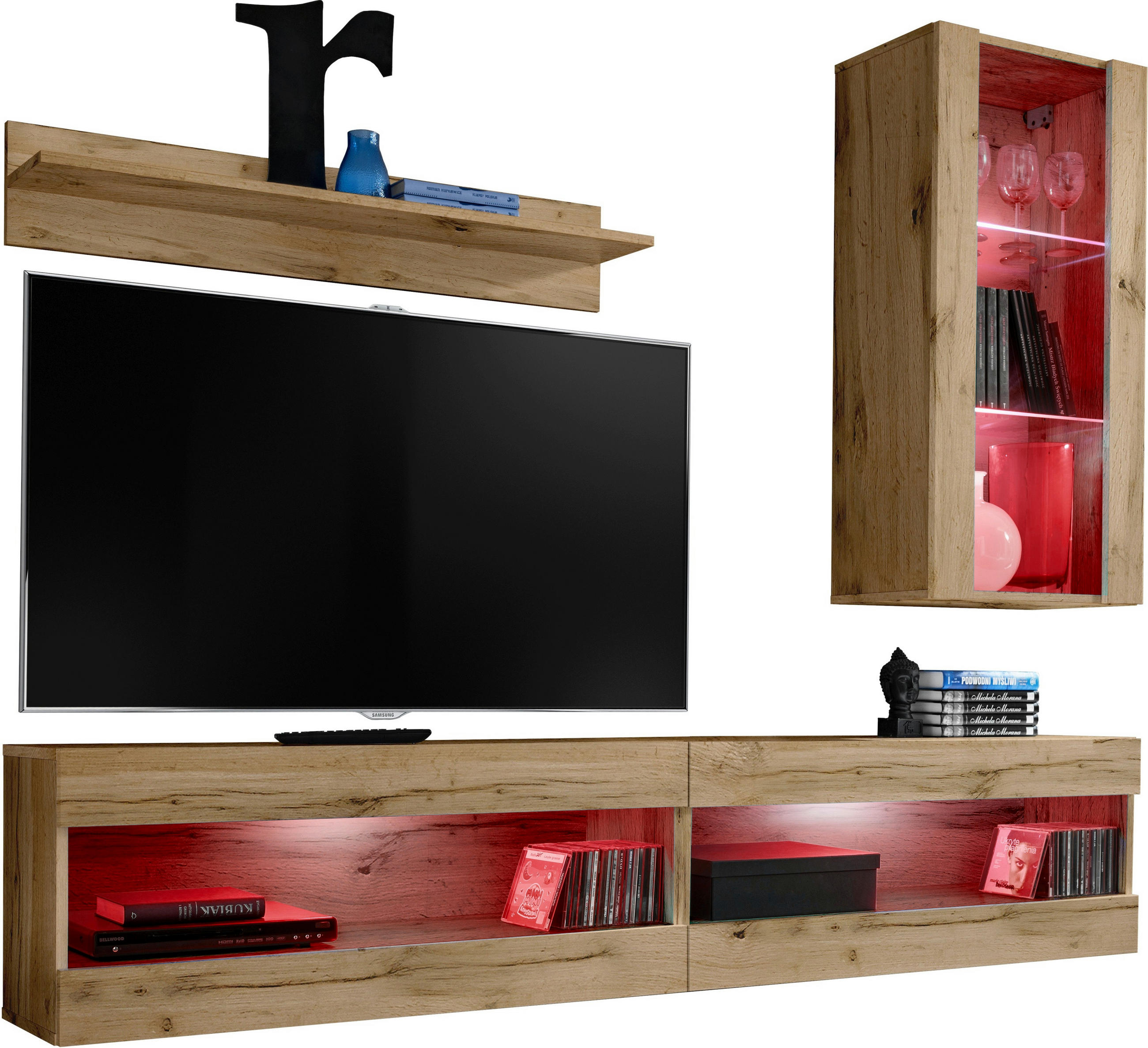 WOHNWAND 4-er Set, TIVOLI SET5 mit mehrfarbige LED RGB Beleuchtung Wotan + Wotan, Offener Raum - Eiche Wotan, Glas/Holzwerkstoff (240/195/35cm) - Komodee