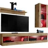 WOHNWAND 4-er Set, TIVOLI SET5 mit mehrfarbige LED RGB Beleuchtung Wotan + Wotan, Offener Raum - Eiche Wotan, Glas/Holzwerkstoff (240/195/35cm) - Komodee