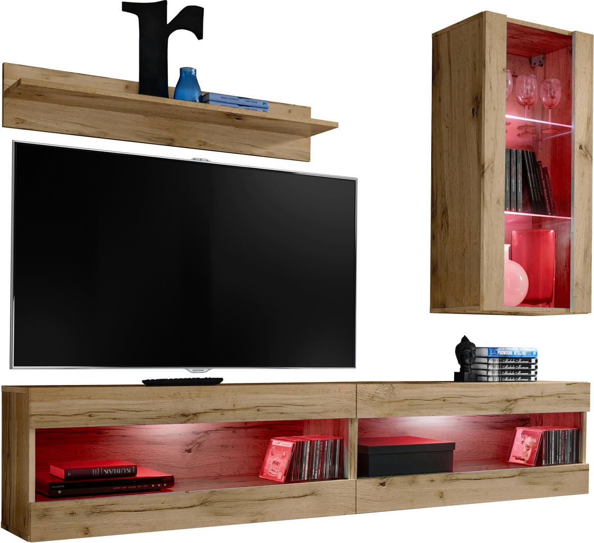 WOHNWAND 4-er Set, TIVOLI SET5 mit mehrfarbige LED RGB Beleuchtung Wotan + Wotan, Offener Raum - Eiche Wotan, Glas/Holzwerkstoff (240/195/35cm) - Komodee