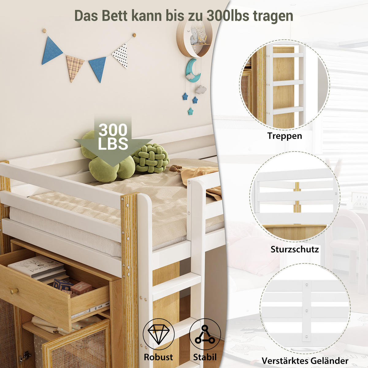 KINDERHOCHBETT aus Massivholz 90x200 cm in Weiß mit 2 Schränken & Leiter - Weiß, Holz (90/200cm) - Modfu