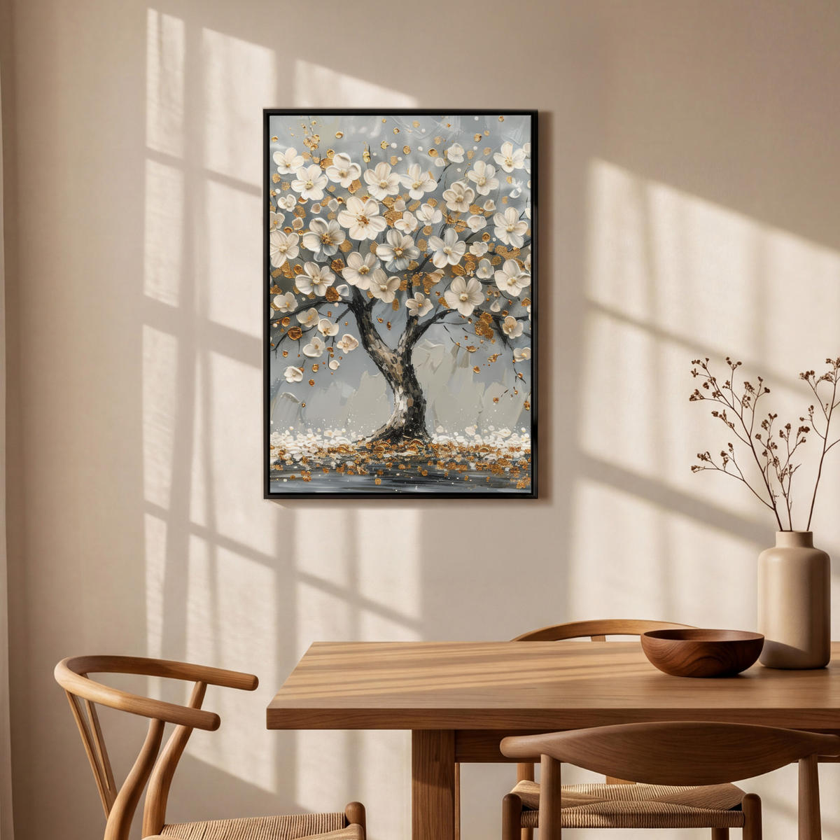 LEINWAND Bilder mit Rahmen - Baum - Blumen - Weiß - Natur - Kunst - 60x90 - Weiß, Textil (60/90cm) - MuchoWow
