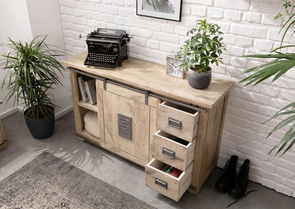 SIDEBOARD Mango 140x45x85 whitewash lackiert RAILWAY #321 - Beige, Holz (140/85/45cm) - Massivmoebel24