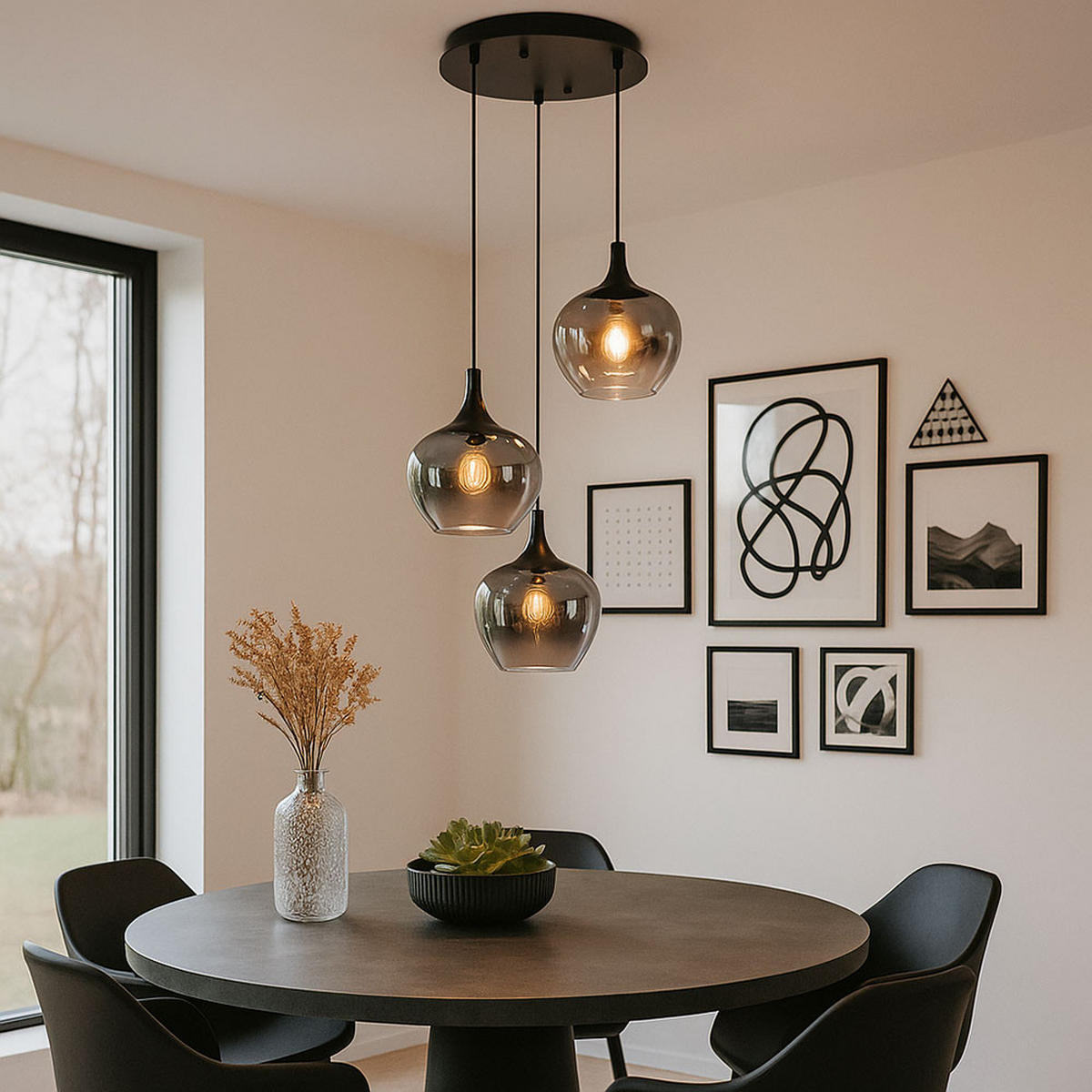 HÄNGELEUCHTE Metall Rauchfarben 3-flammig - Schwarz, Glas (48/48/120cm) - Globo Lighting