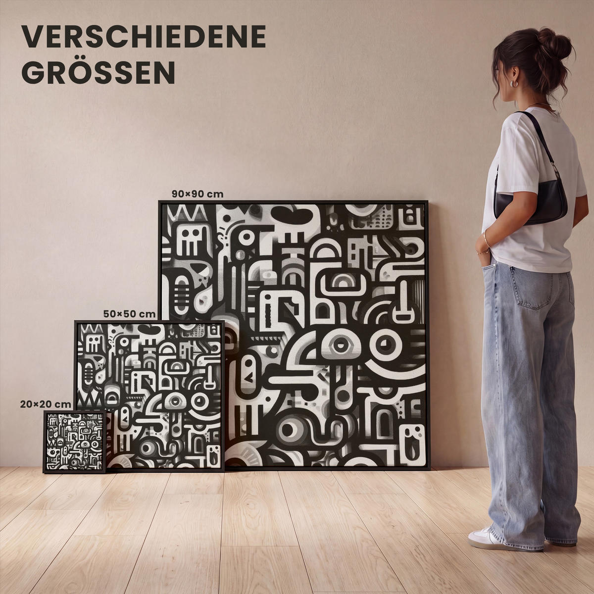 LEINWAND Bilder mit Rahmen - Symbole - Abstrakt - Grafik - Schwarz - 90x90 - Schwarz, Textil (90/90cm) - MuchoWow