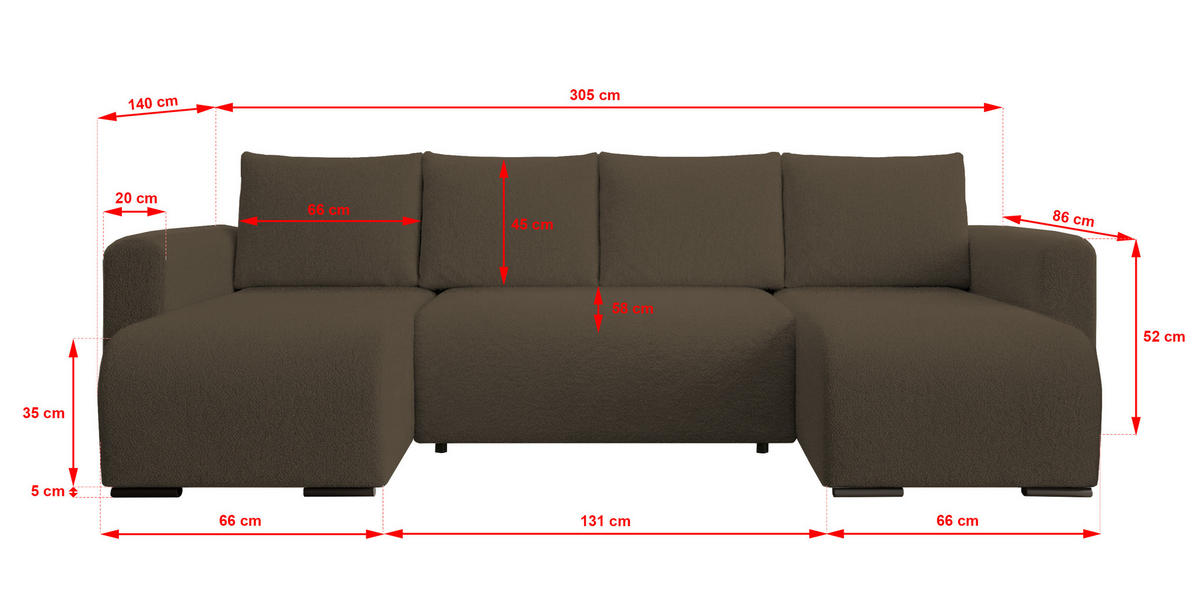 WOHNLANDSCHAFT DORA U mit Bettkasten und Schlaffunktion, U-Form, bequem - Dunkelbraun, Textil (305/85/140cm) - Storez24