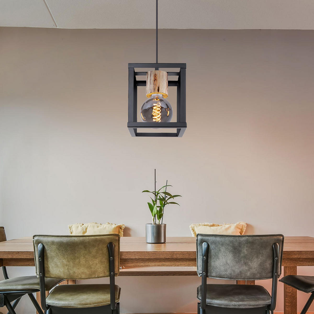 HÄNGELEUCHTE Metall Schwarz Industrial - Schwarz, Holz (17/17/120cm)