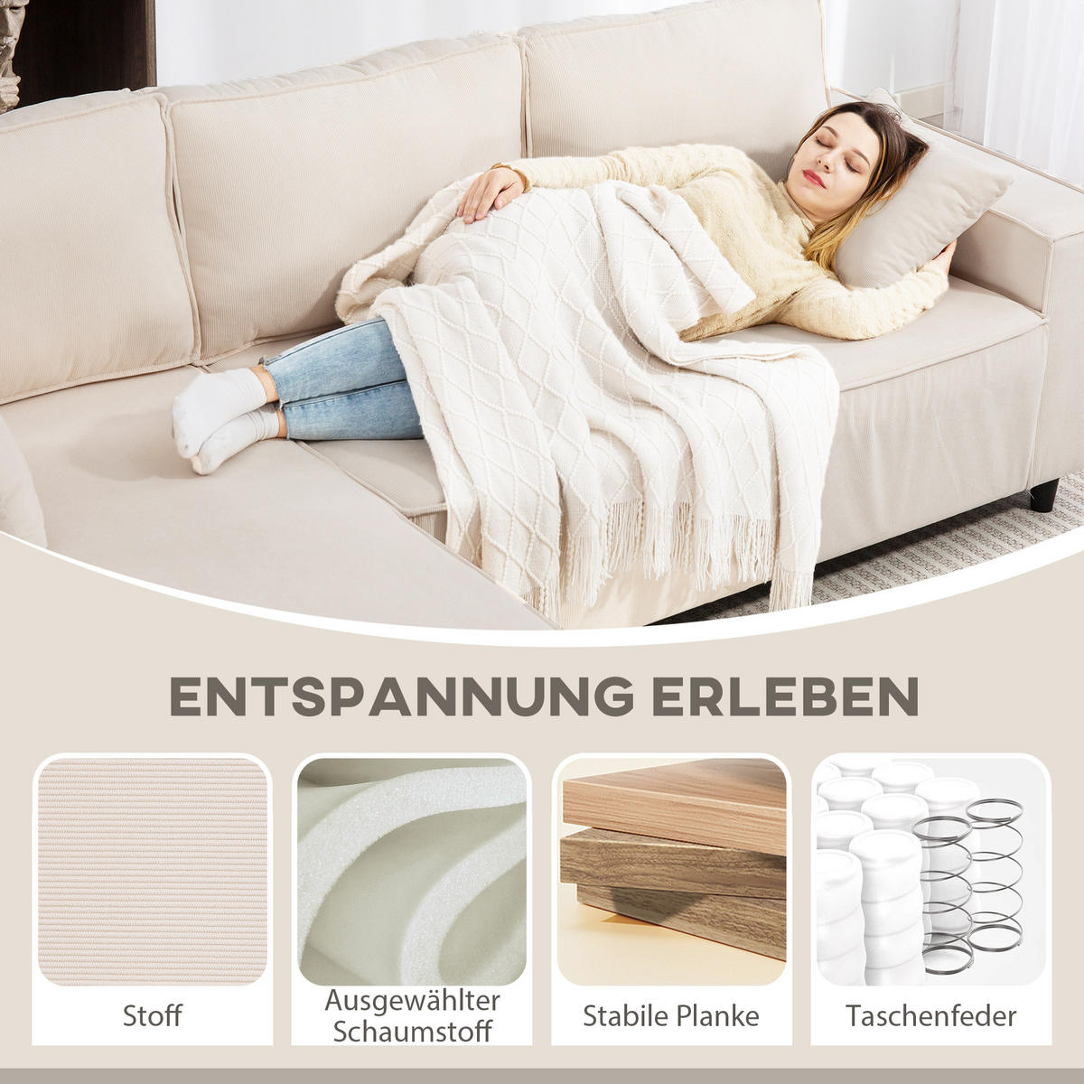 ECKSOFA 3-Sitzer Sofa in L-Form Eckcouch mit Umkehrbarer Chaiselongue Cremeweiß - Weiß, Kunststoff (153/241cm) - HOMCOM