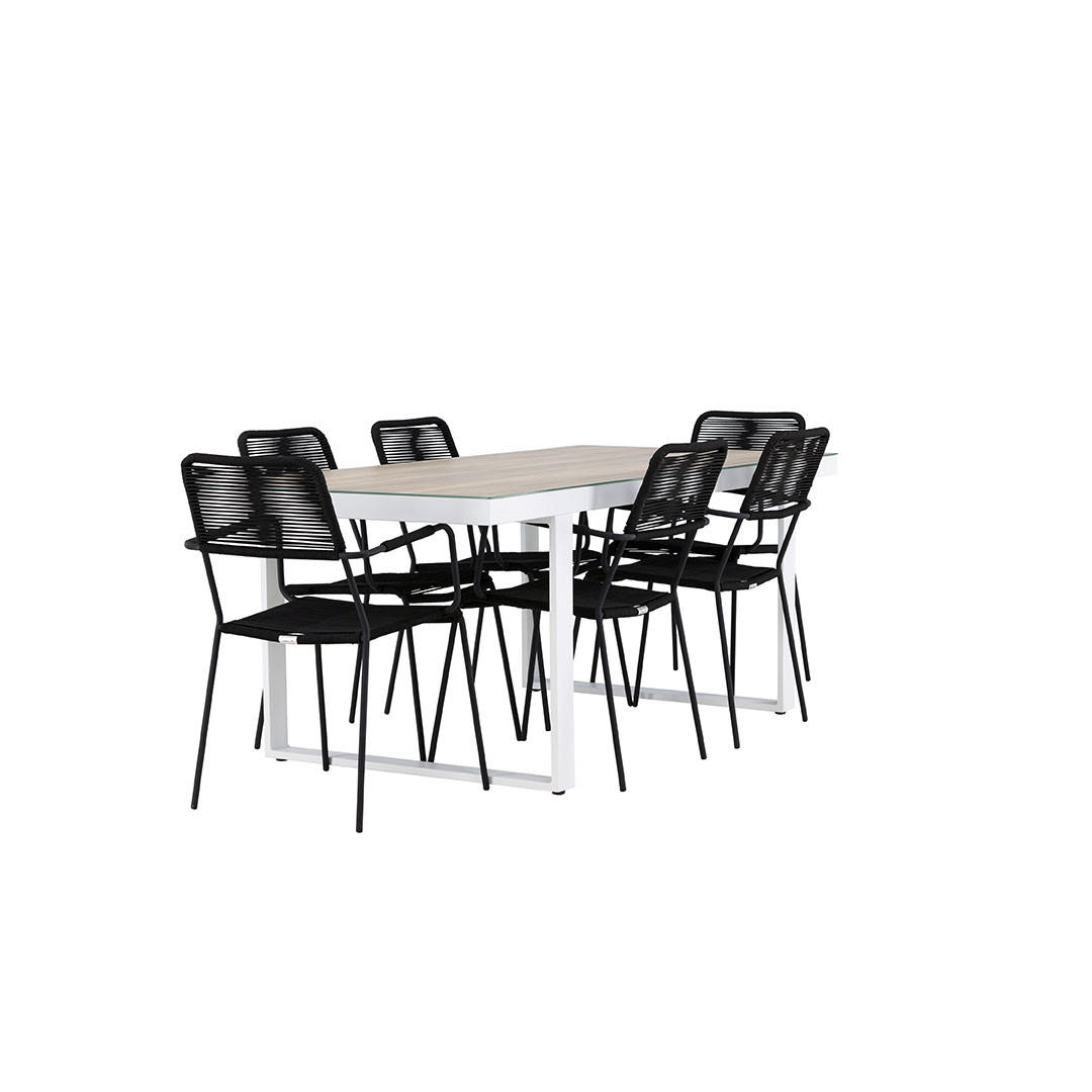 GARTENSET, Merlo, Tisch Weiß, Stühle Schwarz, Metall / Polyester, 90 x 200 x 75 cm, 7-teilig - Weiß, Metall - ebuy24