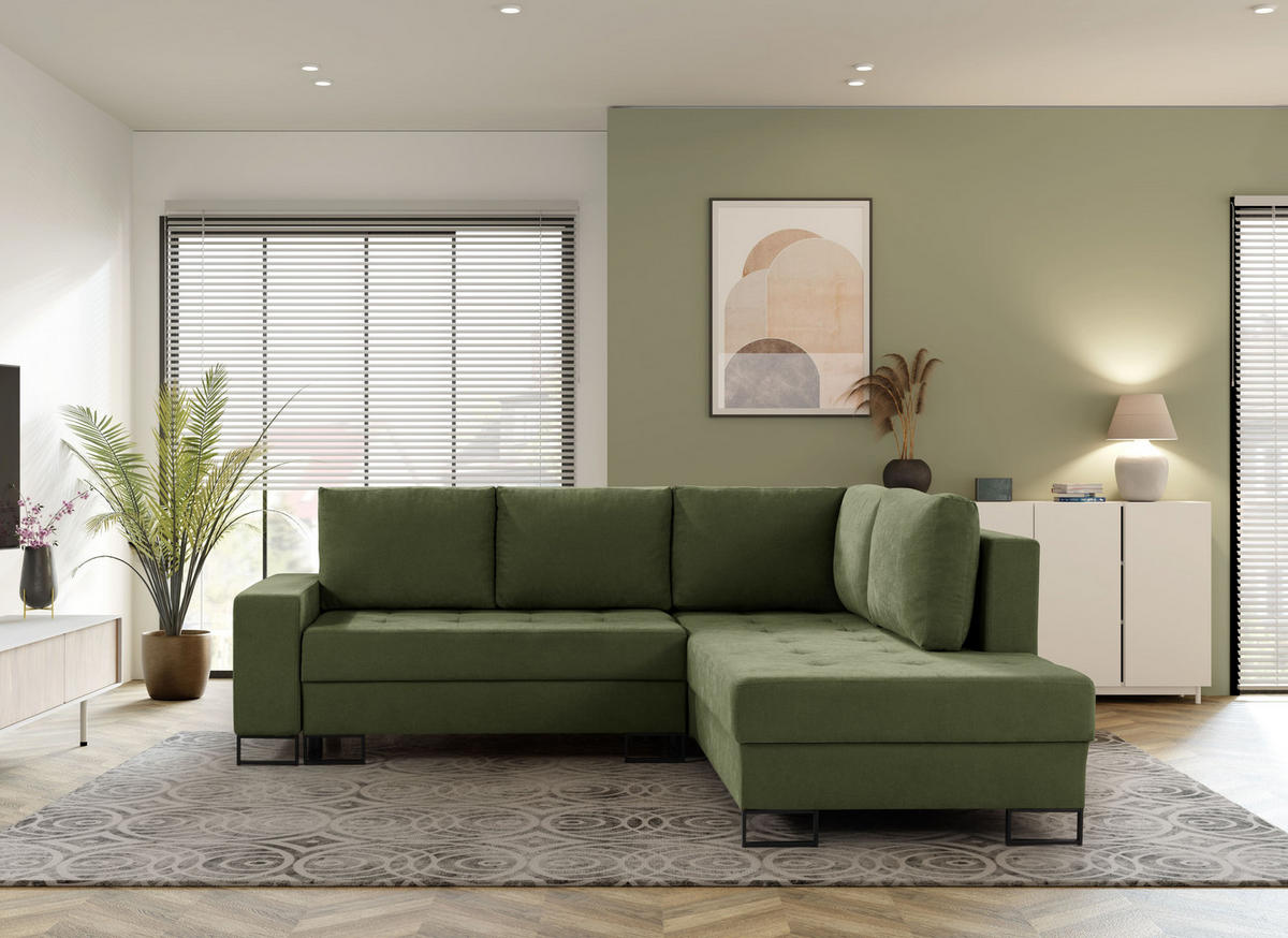 ECKSOFA mit Schlaffunktion Rechts Grün Chenille - 245x200 cm - Trevi - Schwarz/Grün, Holz/Holzwerkstoff (245/200cm) - Ravio