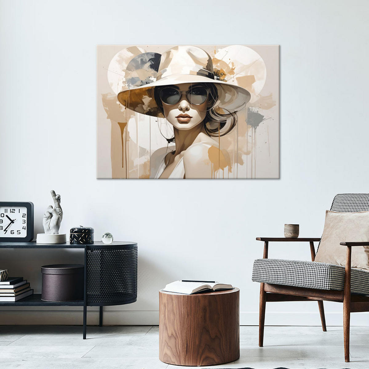 BILD auf Leinwand, Frau mit Hut im beigen Boho Stil - Beige, Textil (120/80cm) - Feeby