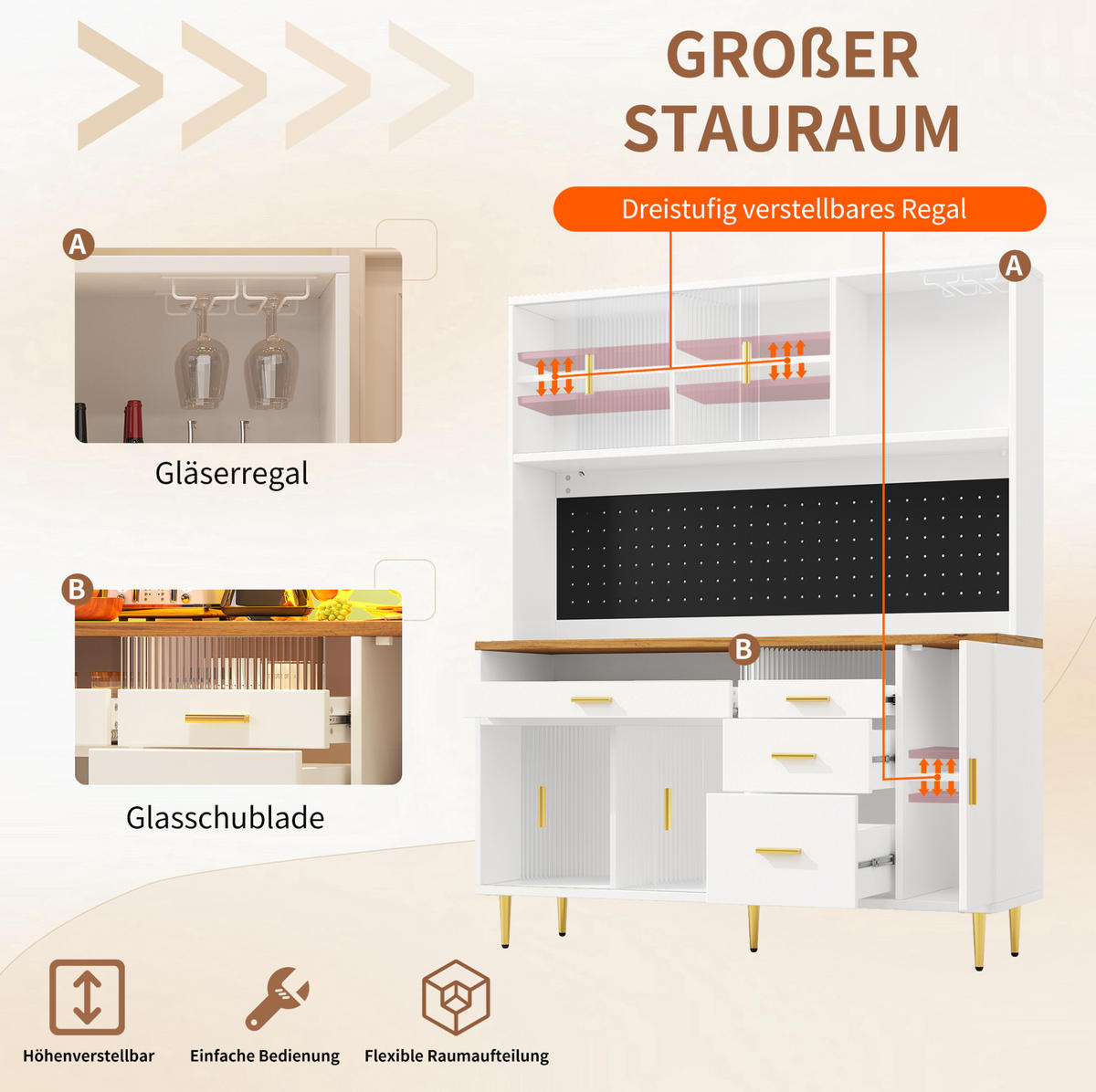 BUFFET 145/39/171 cm aus MDF und Glas mit App-steuerbarer LED-Beleuchtung Weiß - Weiß, Holzwerkstoff (145/171/24cm) - Modenvie
