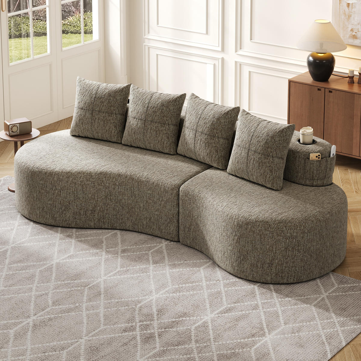 ECKSOFA 240/109/63 cm Khaki mit Aufbewahrungstaschen und Becherhalter - Sandfarben, Textil (240/109cm) - Oxeza