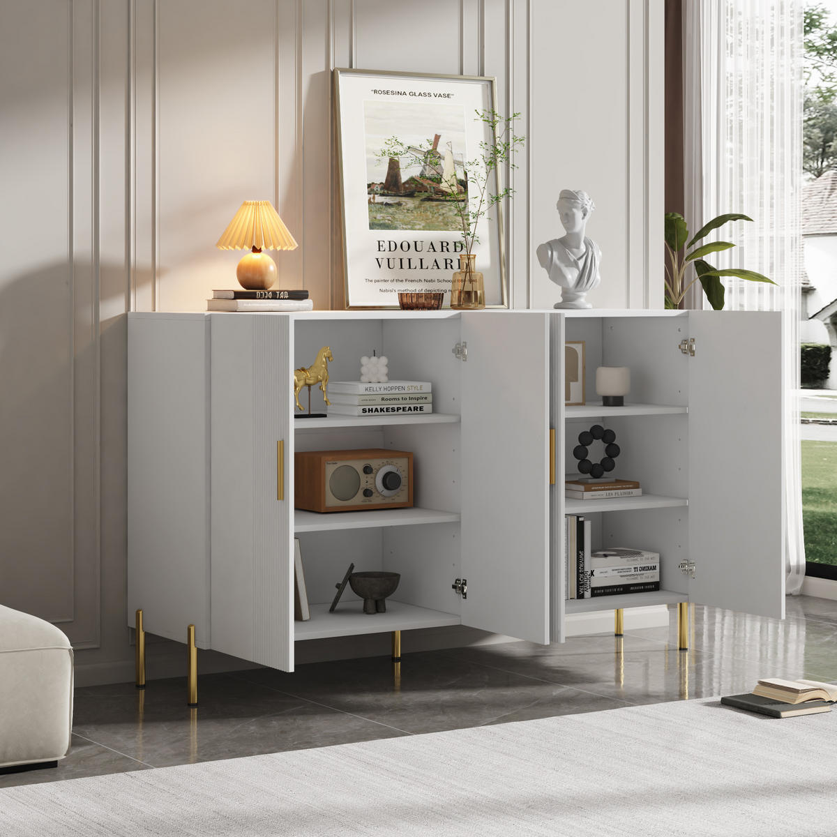 SIDEBOARD Weiß matt 4 Türen 160x35x100cm Stauraum Golddekor - Weiß, Holzwerkstoff (36.5/100/160cm) - FLIEKS