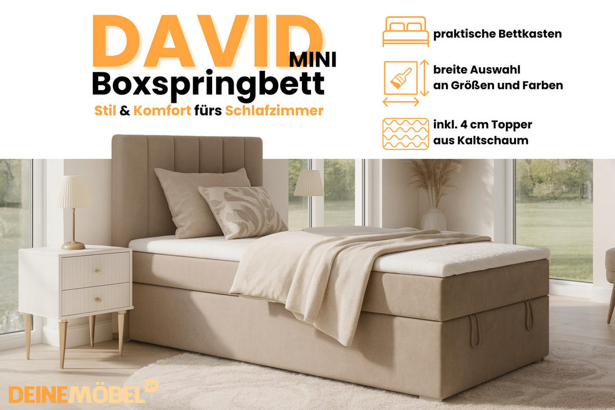 BOXBETT DAVID MINI 120/200 in Velours Beige H4 - Beige, Holz/Holzwerkstoff (120/200cm) - Deine Möbel 24
