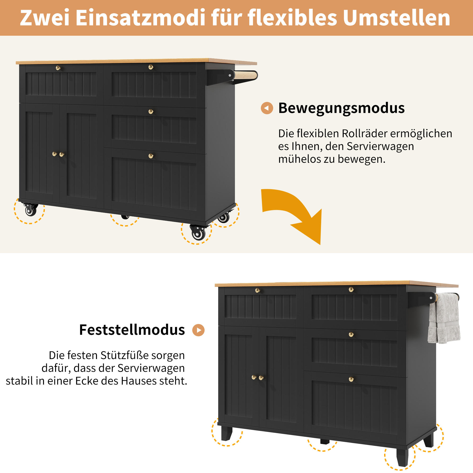 KÜCHENINSEL Schwarz 130/70/88 cm - Schwarz, Holzwerkstoff (70/88/133cm) - Urban Meuble