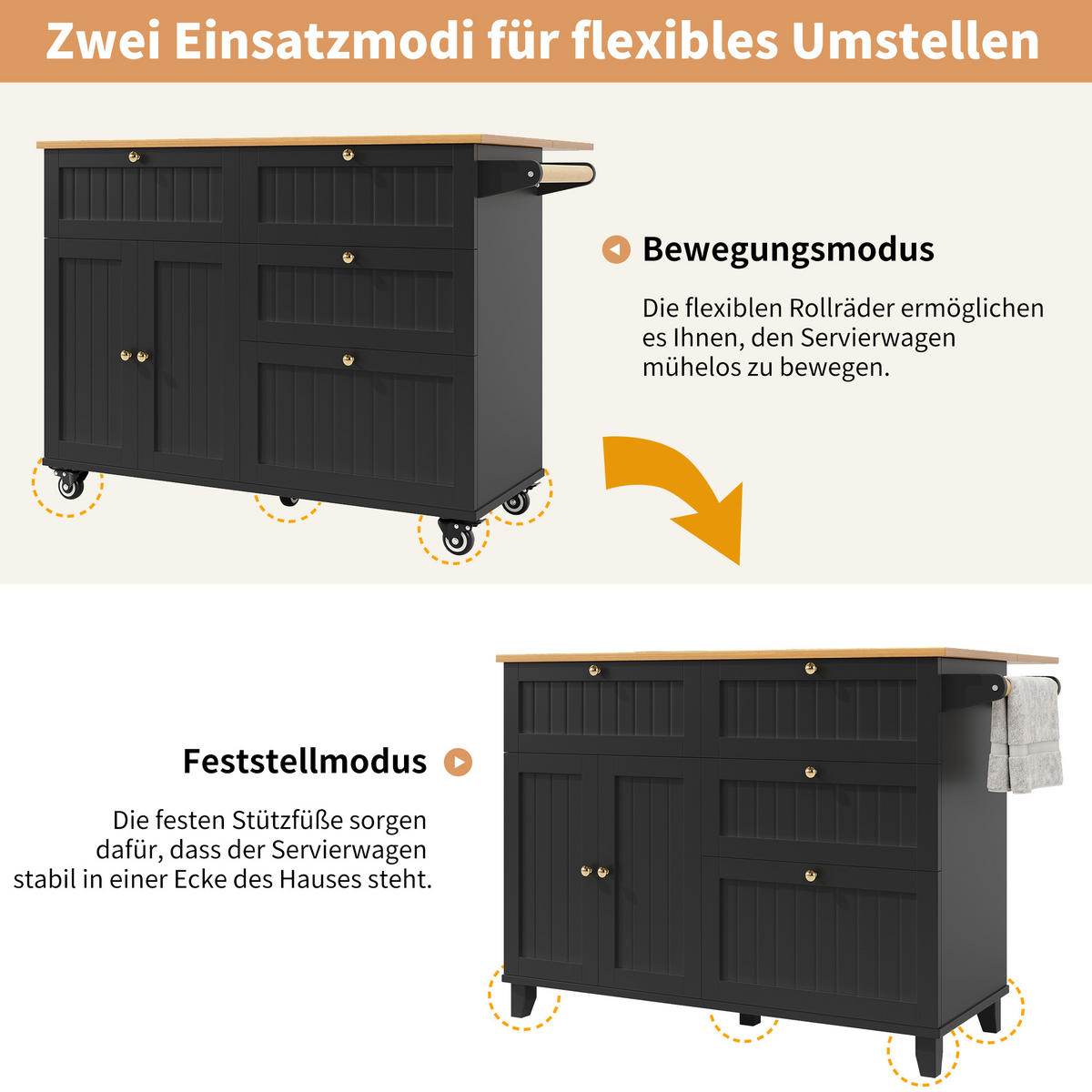 KÜCHENINSEL Schwarz 130/70/88 cm - Schwarz, Holzwerkstoff (70/88/133cm) - Urban Meuble