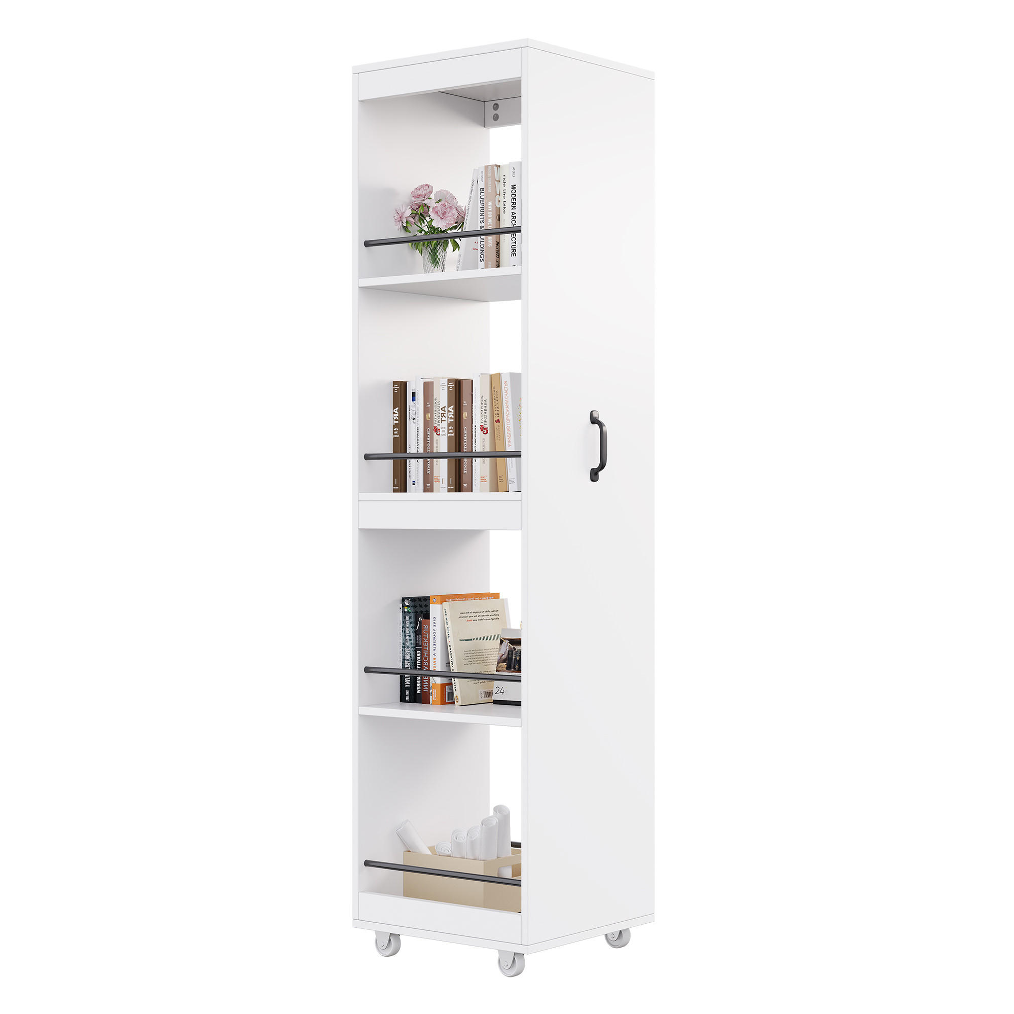 BÜCHERREGAL Hochregal 160cm mit Rollen Platzsparend Modern - Weiß, Holzwerkstoff (40/160.5/30cm) - FLIEKS