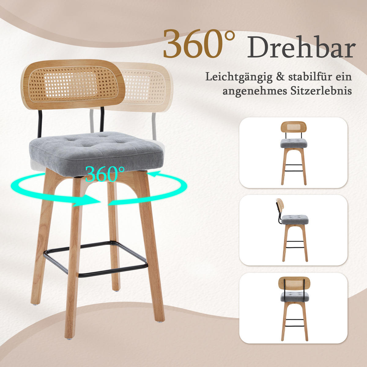 BARHOCKER 2er Set, 360° drehbar, Wiener Geflecht/Chenille, 67,5cm Sitzhöhe, Grau - Wildeiche/Grau, Holz/Textil (44/96/51cm) - LVHOM