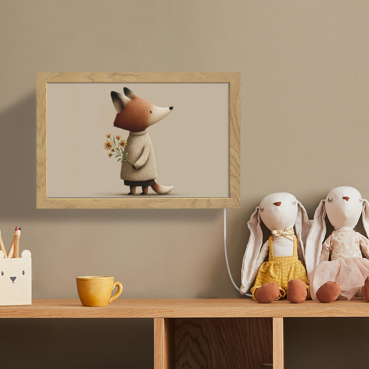 NÁSTĚNNÁ LAMPA Liška - Žluté květy - Minimalistický 30x20 cm - šedohnědá, kompozitní dřevo (30/20/8cm) - OnlyWow