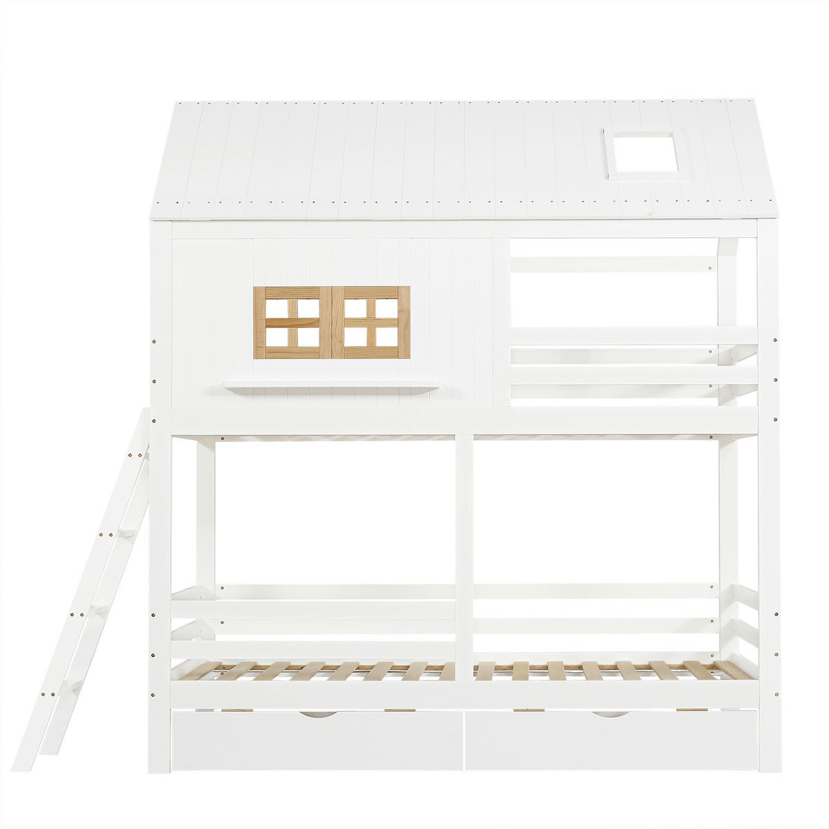 ETAGENBETT 90/200 cm Weiß mit 2 Schubladen, Fenster und Dach - Weiß, Holz (90/200cm) - Oxeza