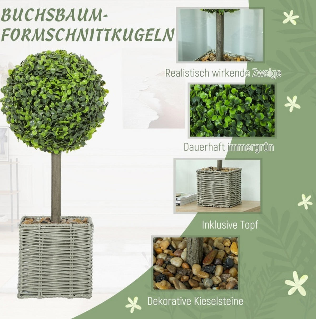 KUNSTPFLANZEN 2er-Set Buchsbaumkugeln 15/15/50 cm grün aus Kunststoff UV-beständig - Grün, Kunststoff (50cm) - OKWISH