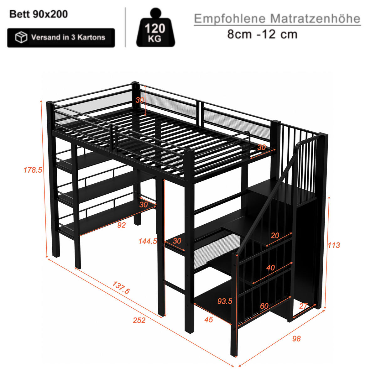 HOCHBETT 90/200 cm DE-01186, in Schwarz, mit LED, Regal und Schreibtisch - Schwarz, Metall (90/200cm) - ComfortXL
