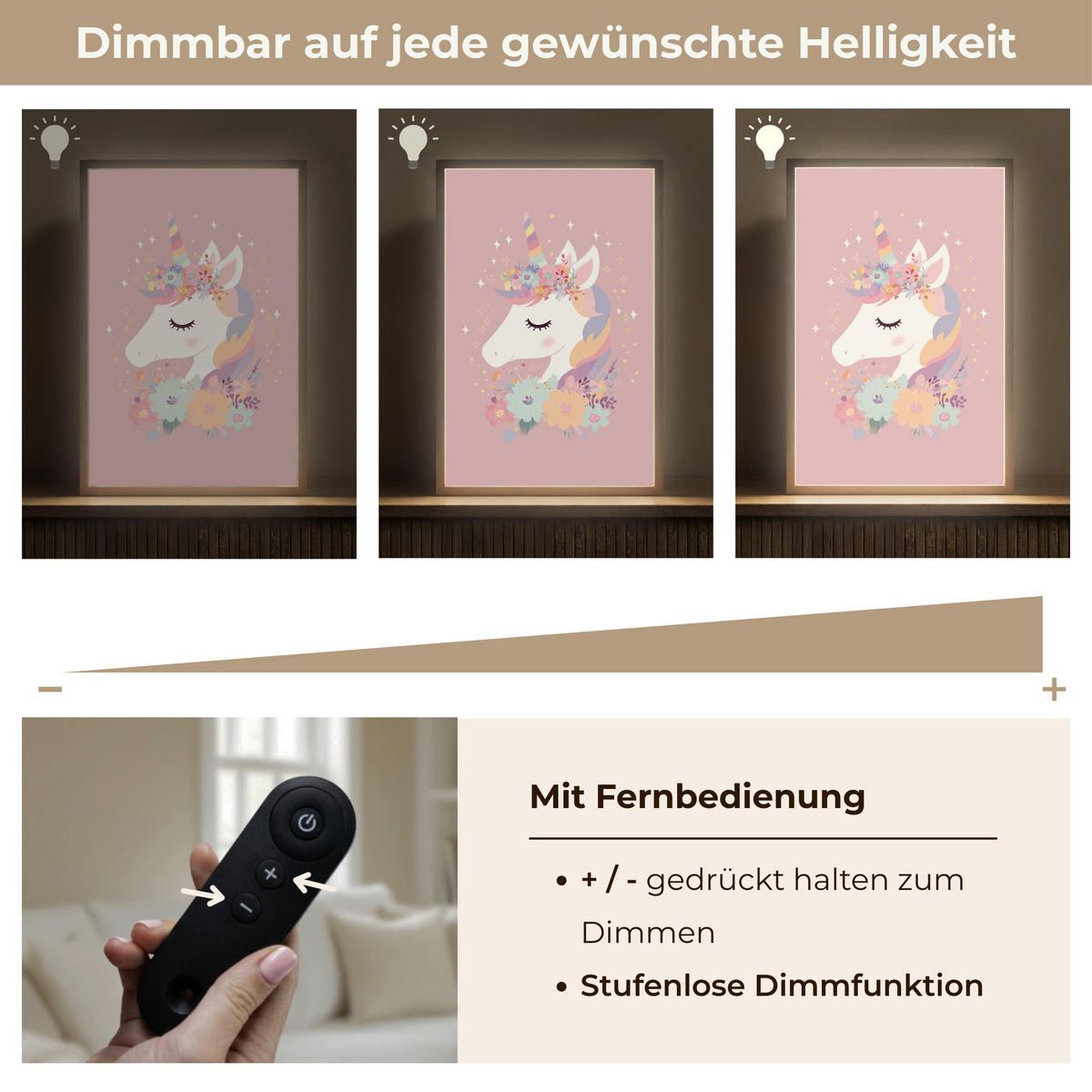 NÁSTĚNNÁ LAMPA S AKUMULÁTOREM Jednorožec - růžová - květiny 40x60 cm - růžová, kompozitní dřevo (40/60/8cm) - OnlyWow
