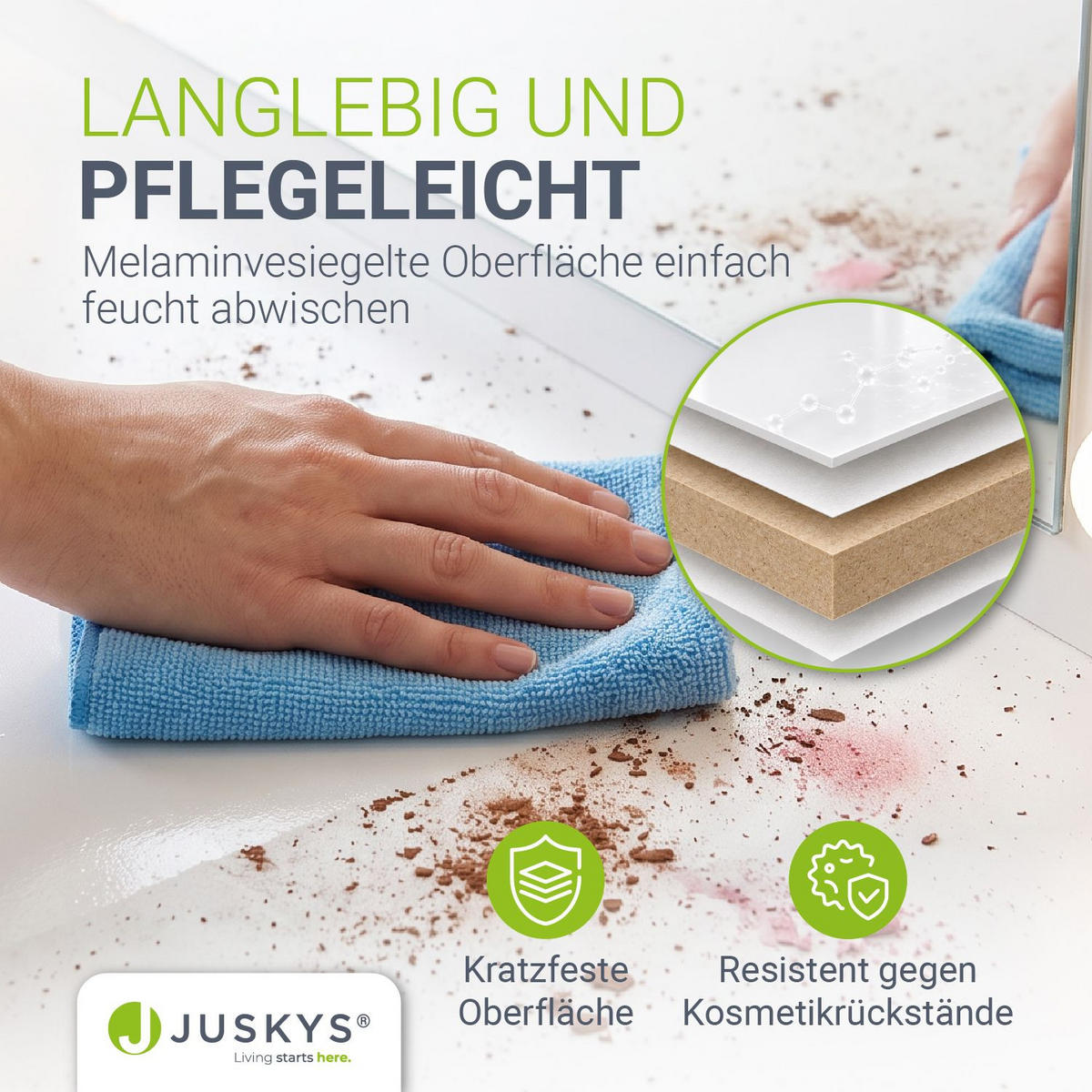 SCHMINKTISCH Talea mit LED (3 Lichtstufen) inkl Hocker Melly - Weiß, Holz (110/141/40cm) - Juskys