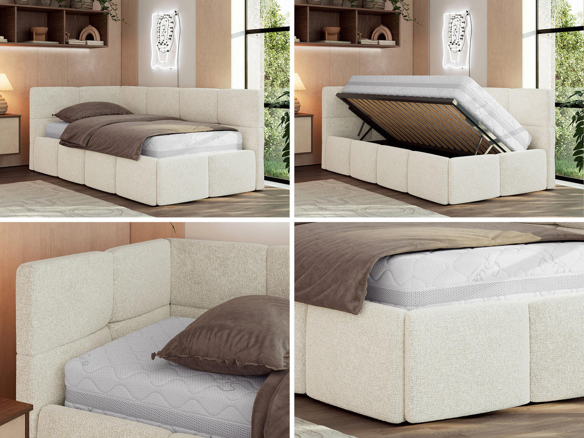 JUGENDBETT ARVO 90/200 - Creme Strukture - Multipocket-Matratze - Links Seite - Creme, Textil (90/200cm) - MKS