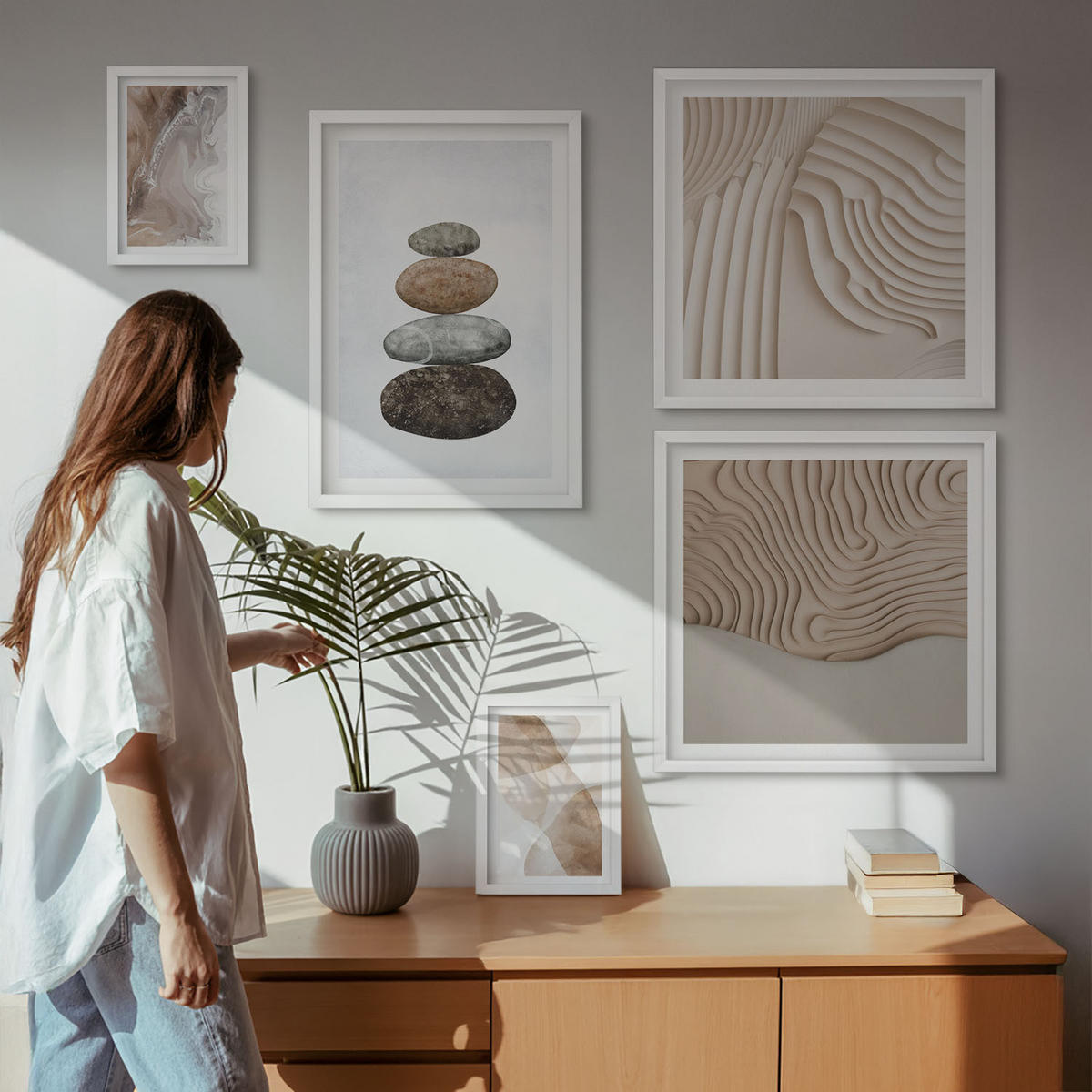 WANDBILDER 5er-Set - 50x50 cm & 20x30 cm & 40x60 cm Weißer Rahmen - Abstrakte bemalte Strukturen - Weiß, Kunststoff (40/60cm) - ArtPrintCave