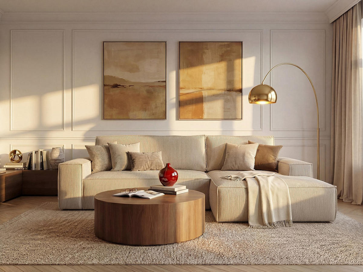 ECKSOFA mit Schlaffunktion - Ecke Rechts - Cord - Beige - AMELIA - Creme, Textil (267/167cm) - Vente-Unique