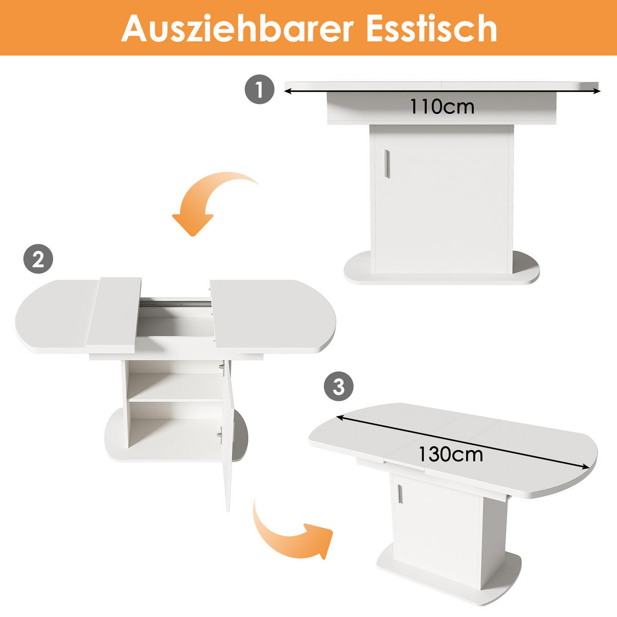 ESSTISCH Weiß Silber ausziehbar 110-130cm Stauraum 70cm - Weiß, Holzwerkstoff (130/75.5/70cm) - FLIEKS