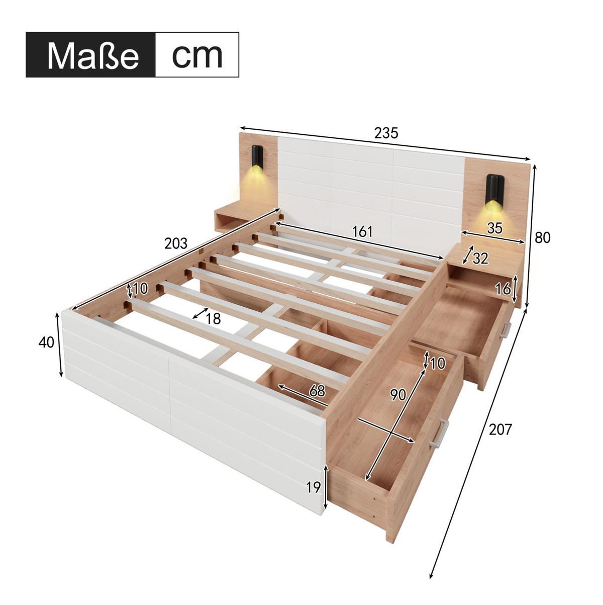 BETT 160/200 cm mit 2 Schubladen, Leselicht & USB, Massivholz/MDF, Weiß/Eiche - Weiß, Holzwerkstoff (160/200cm) - Redom