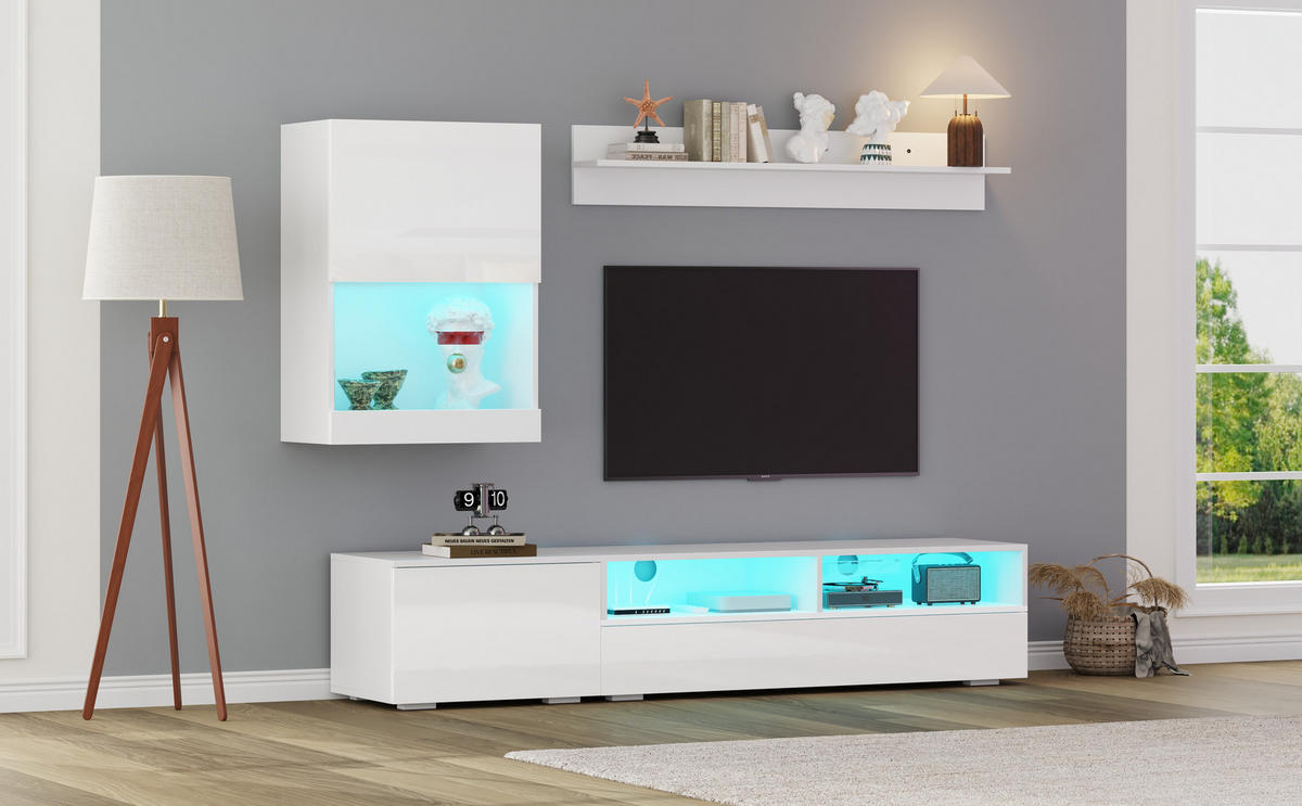 TV-WOHNWAND-SET 175/39/34 cm Weiß mit LED-Beleuchtung und Hochglanz - Weiß, Holzwerkstoff (175/34/39cm) - OKWISH