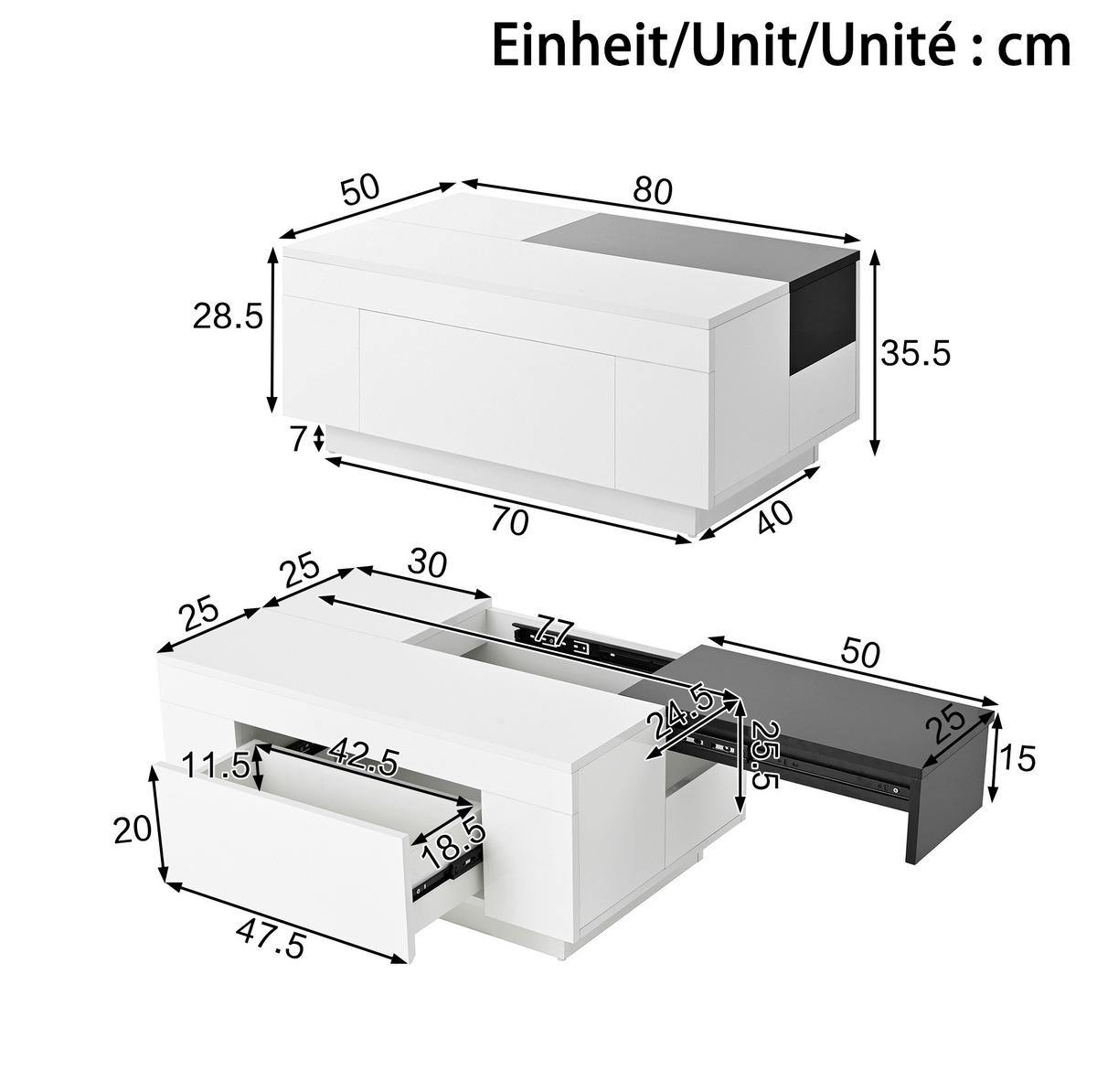 COUCHTISCH mit LED und Stauraum 80 x 50 cm MDF Black/White - Schwarz, Wellpappe (80/50/35.5cm) - Meubliv