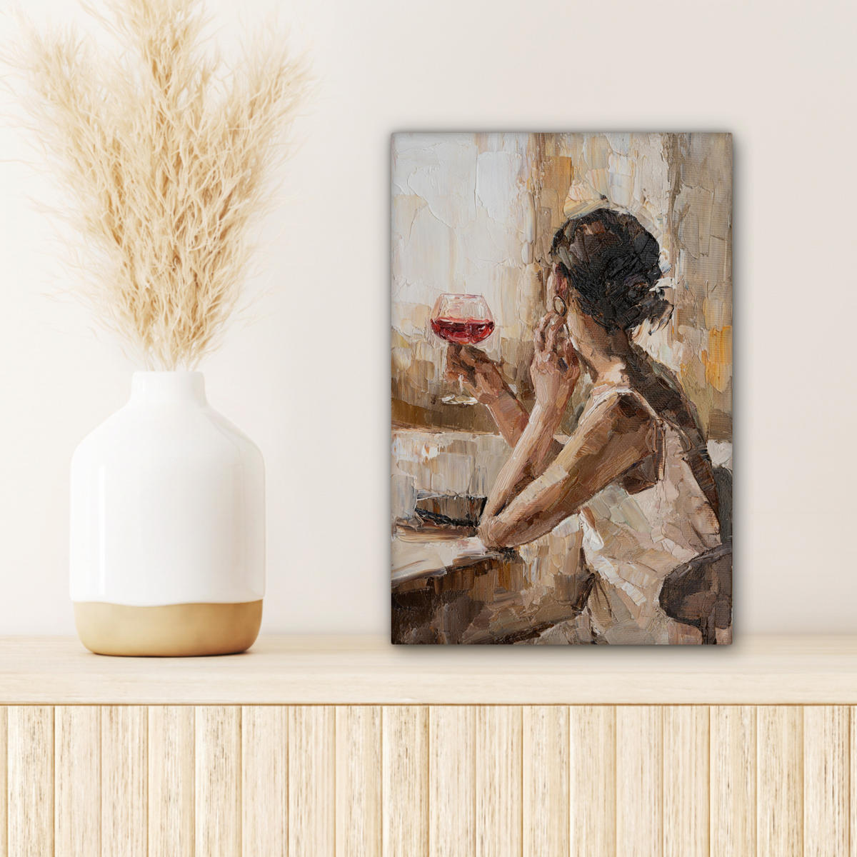 LEINWANDBILD Ölgemälde - Frau - Wein 20x30 cm - Hellbraun, Textil (20/30cm) - MuchoWow