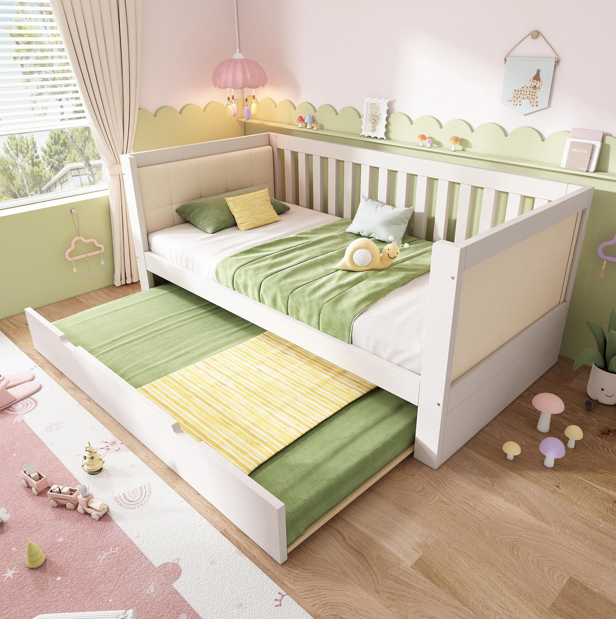 POLSTERBETT 201/95/74 cm Weiß aus Holz mit Ausziehbett - Weiß, Textil (90/190cm) - OKMYHOME