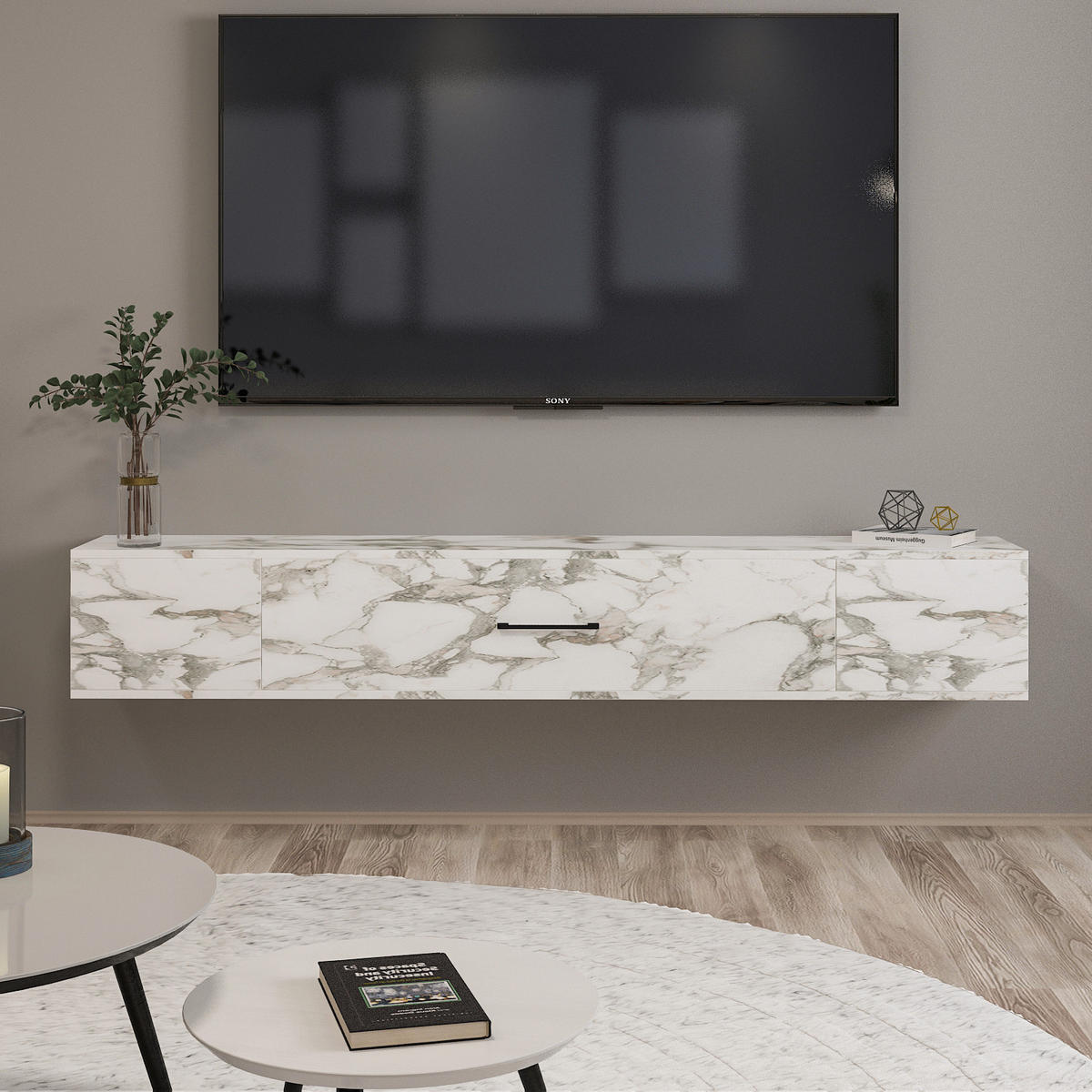 TV-LOWBOARD Acworth Weiß Marmor Optik 9604 - Weiß/Grau, Holzwerkstoff (160/30/29.6cm) - moebel17