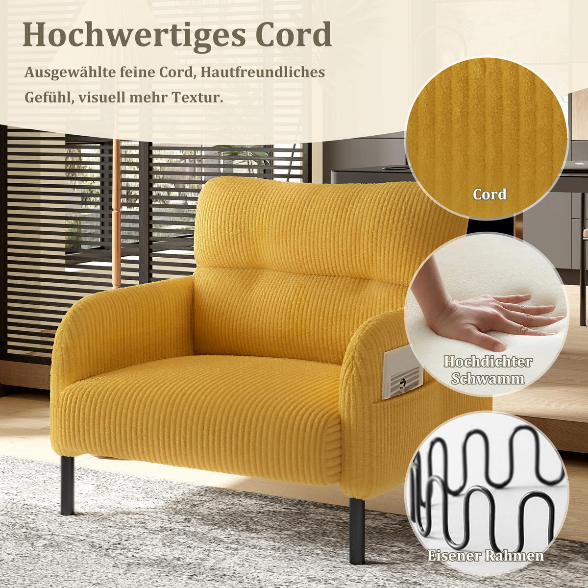 SESSEL Loungesessel,Polstersessel,Cord,Gelb - Gelb, Textil (67/79/75cm) - LVHOM