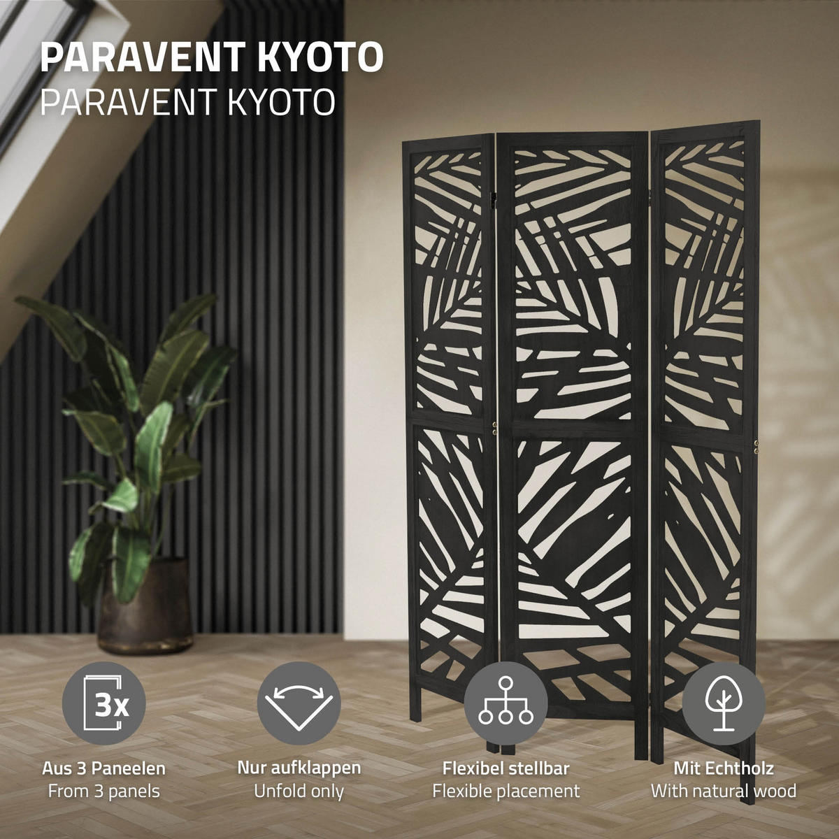 PARAVÁN, 3dílný, Kyoto, 170 × 121 cm, černý, ze dřeva - černá, dřevo (121/170/2cm) - ML-DESIGN