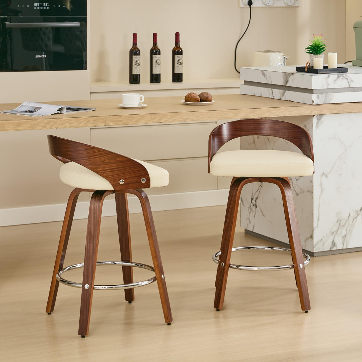 BARHOCKER 2er-Set Beige mit Rückenlehne und 360° Drehfunktion - Beige, Leder (48/77.5/46.5cm) - PANGIVO