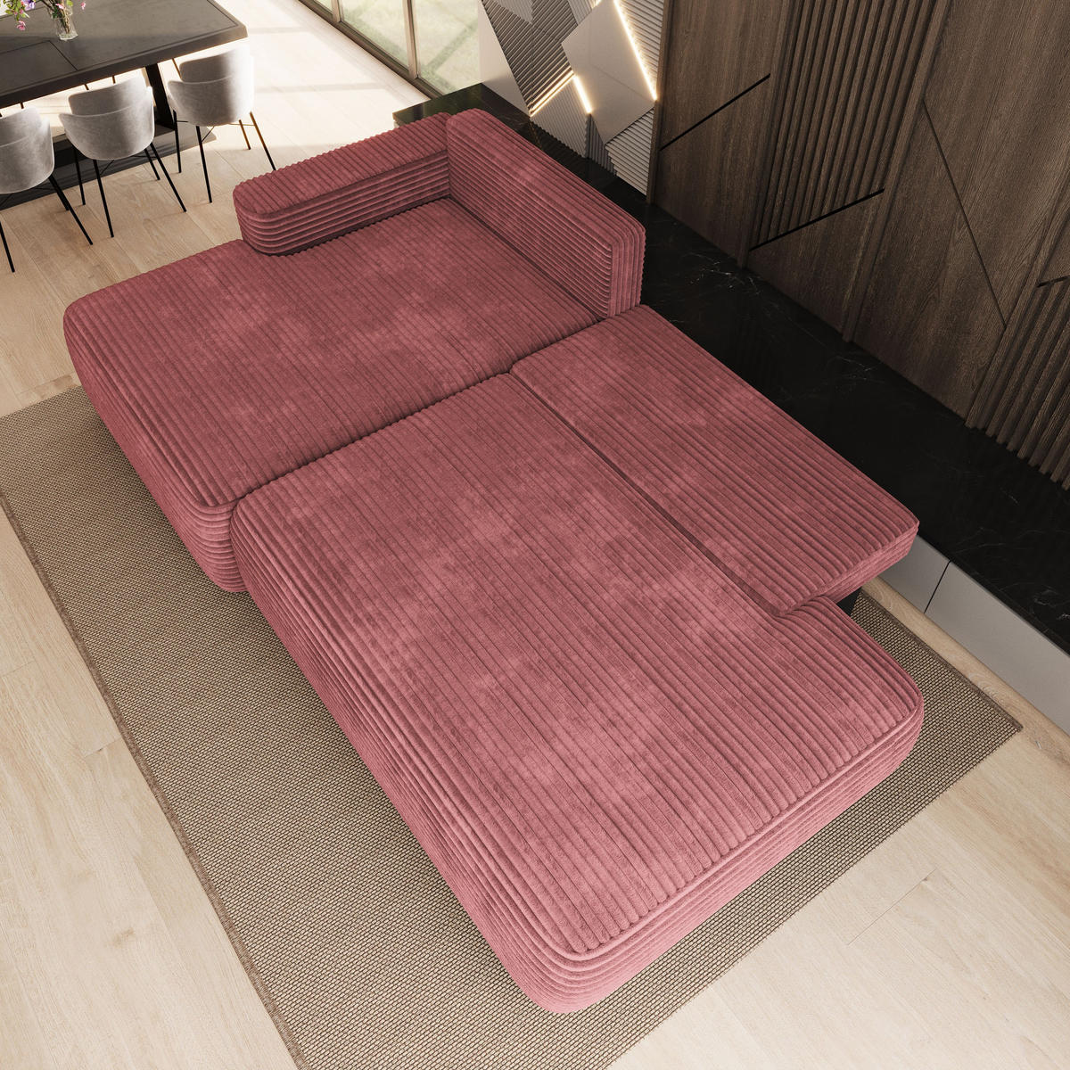 ECKSOFA AVINI T L-S Rosa Kordstoff mit Schlaffunktion - Rosa, Holzwerkstoff/Textil (277/160cm) - MASSENO
