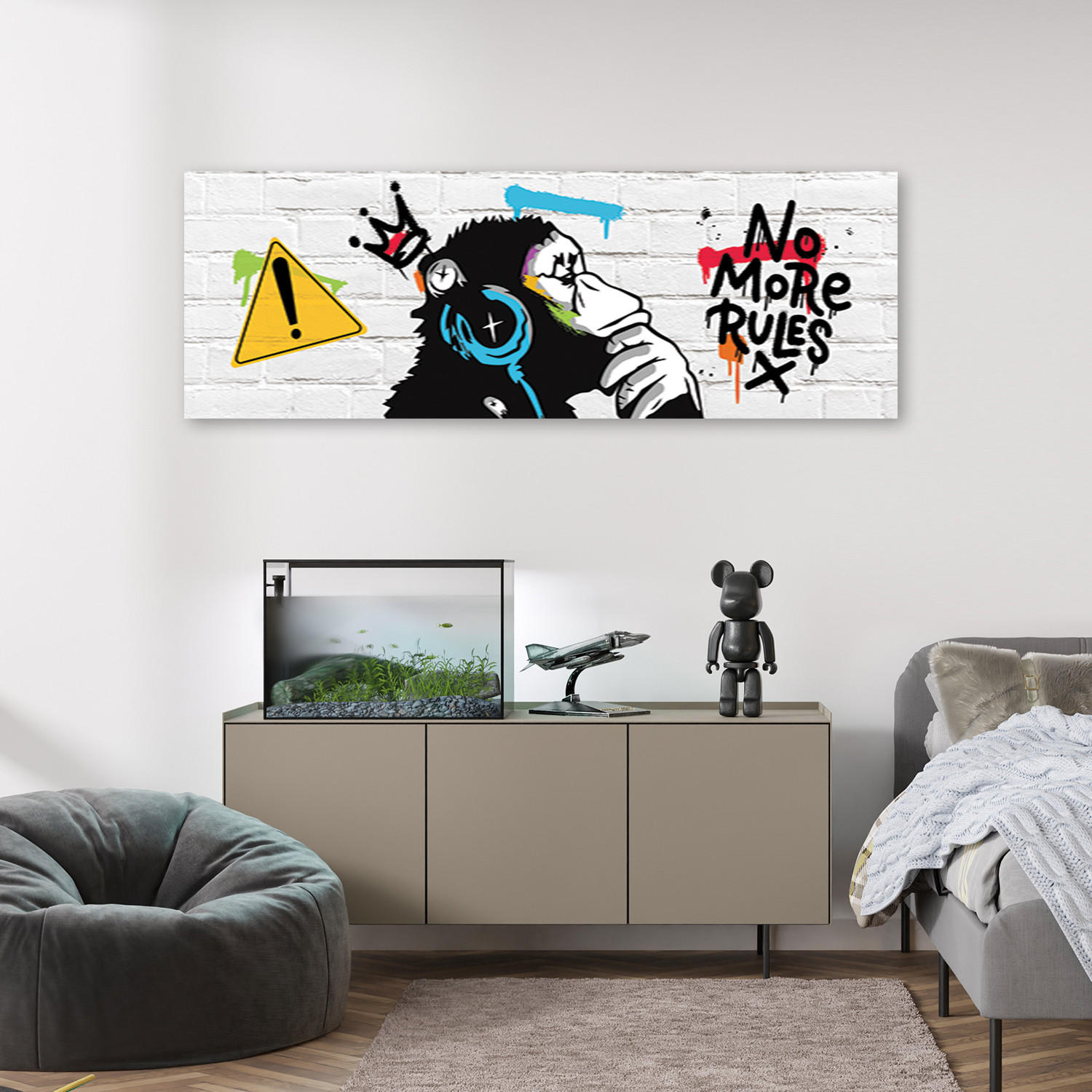 WANDBILD banksy dj affe - Weiß, Textil (90/30cm) - Feeby